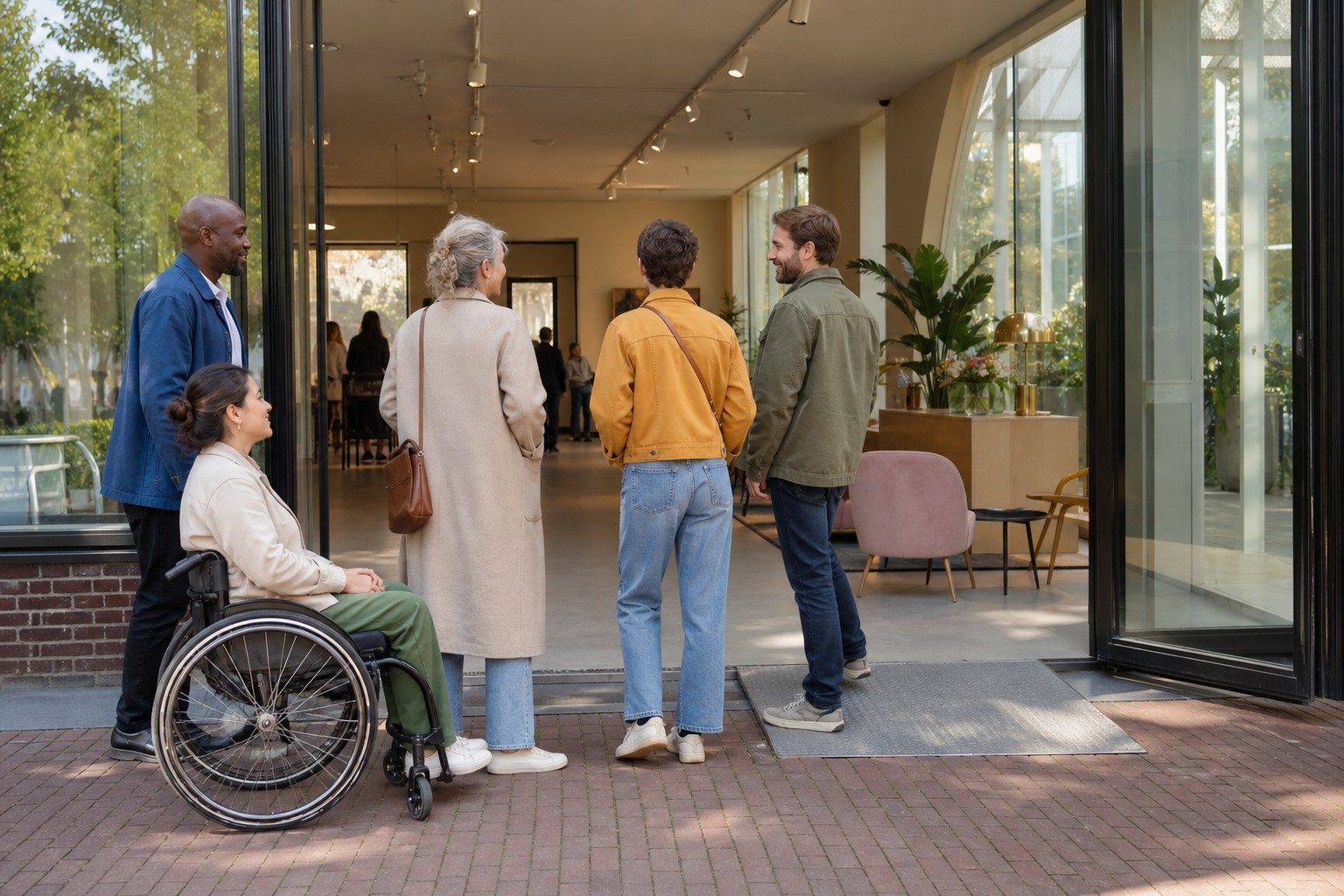 Een diverse groep bezoekers bij een drempelvrije ingang van een lichte culturele locatie