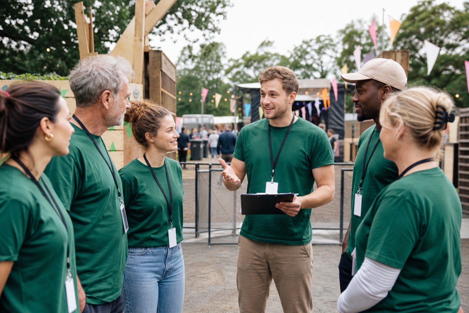 Een vrijwilligersteam bespreekt de dag naast de ingang van een buurtfestival