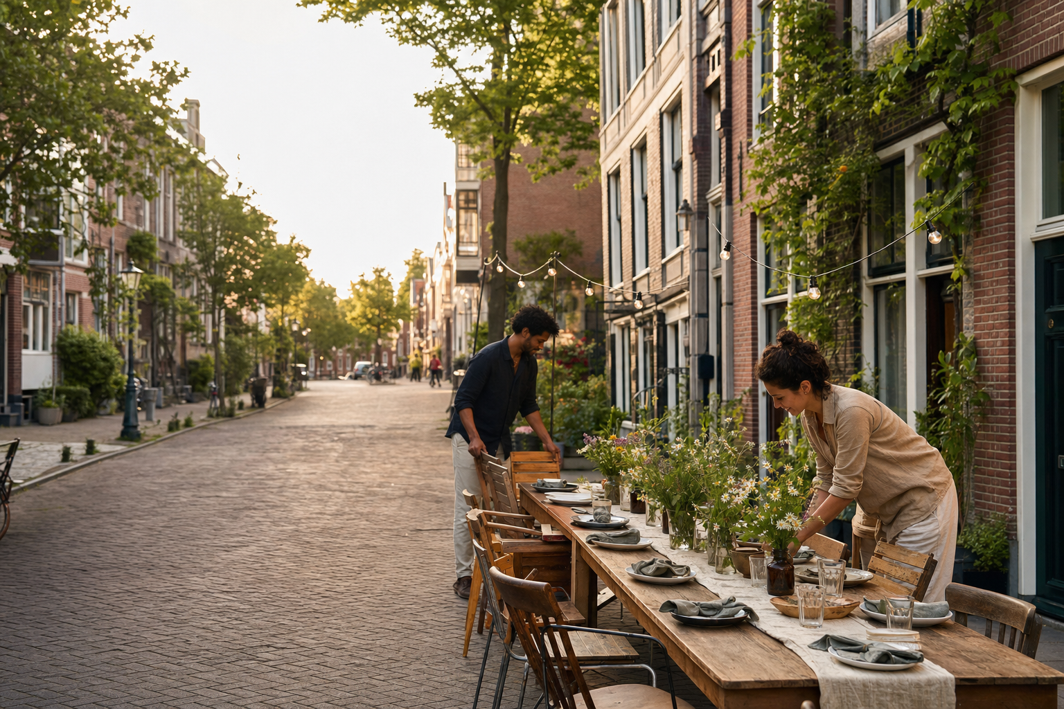 Twee buren dekken een lange houten tafel voor een diner in een groene stadsstraat