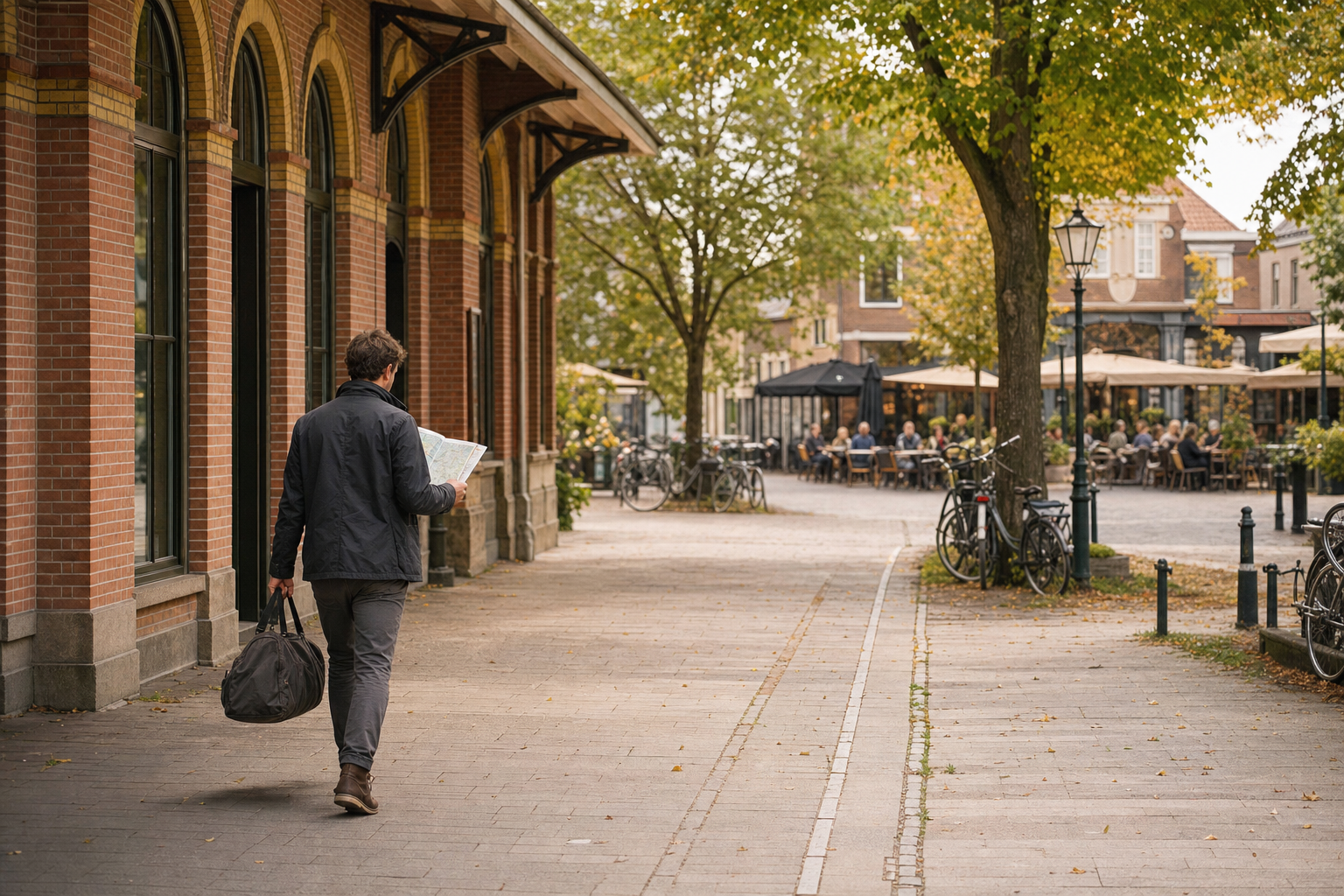 Reiziger loopt met een weekendtas en kaart vanaf een oud station naar een groen stadsplein